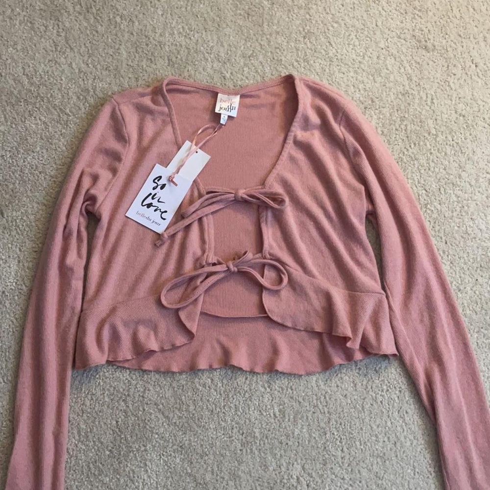 πNWT BELLEDU JOUR PINK SWEATER CARDIGAN LACE UP TOP WITH BOWS - Picture 1 of 3